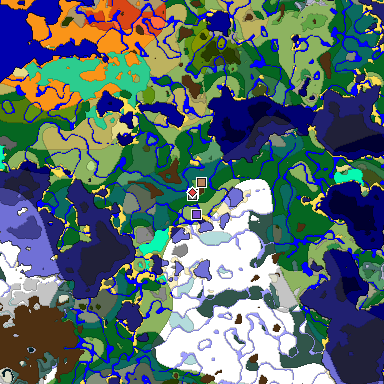 Predicted biome map of Java 1.19.2 seed 191805214168533207 around estimated spawn
