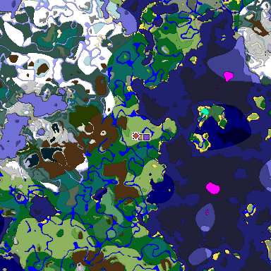 Predicted biome map of Java 1.19.2 seed -1869002879600620345 around estimated spawn