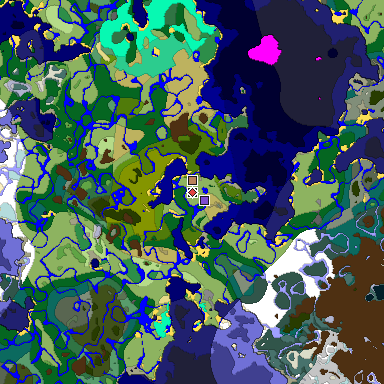 Predicted biome map of Java 1.19.2 seed 735550101580466953 around estimated spawn