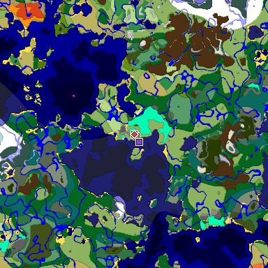 Predicted biome map of Java 1.19.2 seed -6958949594693484311 around estimated spawn