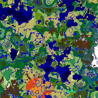 Predicted biome map of Java 1.19.2 seed -1040385588190793344 around estimated spawn