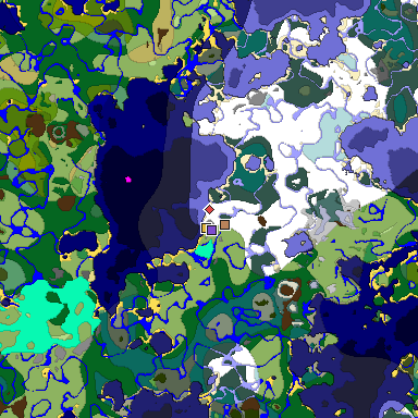 Predicted biome map of Java 1.19.2 seed 7277016390672443051 around estimated spawn