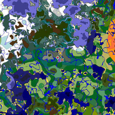 Predicted biome map of Java 1.19.2 seed -3703372050020771698 around estimated spawn