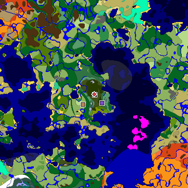 Predicted biome map of Java 1.19.2 seed 7283679604650620233 around estimated spawn