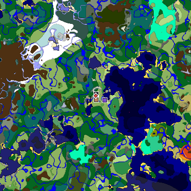 Predicted biome map of Java 1.19.2 seed -2909086075734767796 around estimated spawn