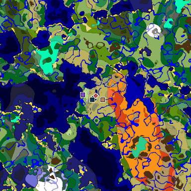 Predicted biome map of Java 1.19.2 seed -3432148776043357480 around estimated spawn