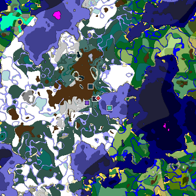 Predicted biome map of Java 1.19.2 seed 2733693831363884504 around estimated spawn
