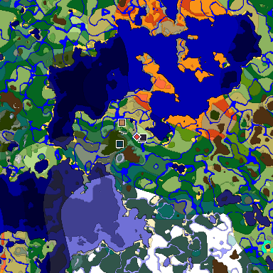 Predicted biome map of Java 1.19.2 seed -2818811966468094681 around estimated spawn