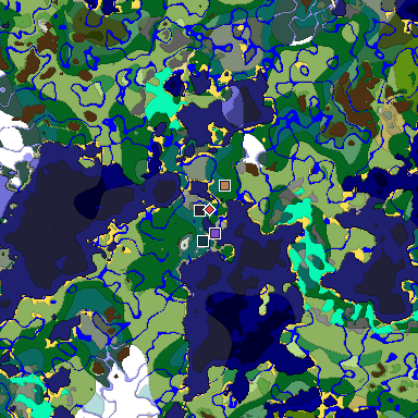 Predicted biome map of Java 1.19.2 seed 7248727945175729369 around estimated spawn