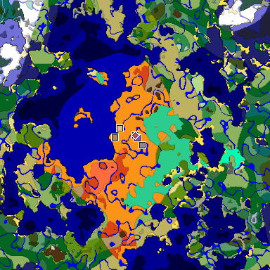 Predicted biome map of Java 1.19.2 seed 7825680177048046240 around estimated spawn