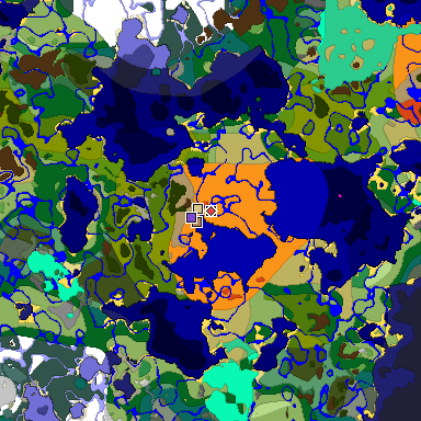 Predicted biome map of Java 1.19.2 seed 8582778824432232351 around estimated spawn