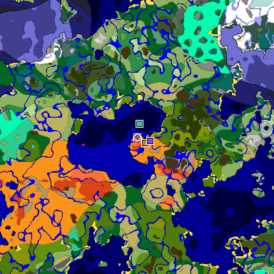 Predicted biome map of Java 1.19.2 seed 4459186421149107947 around estimated spawn