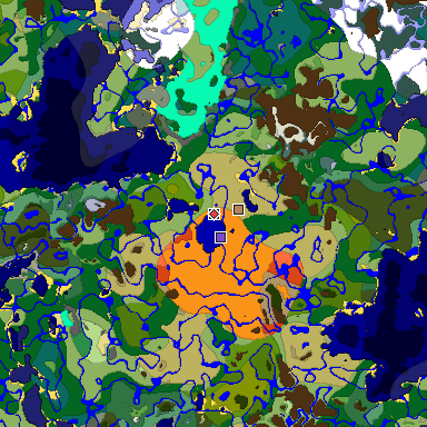 Predicted biome map of Java 1.19.2 seed 4388194438443033609 around estimated spawn