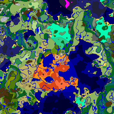 Predicted biome map of Java 1.19.2 seed 8672592351197539425 around estimated spawn