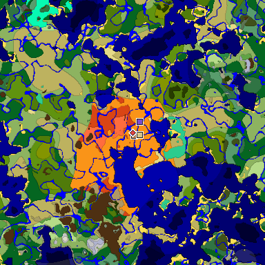Predicted biome map of Java 1.19.2 seed 3268043352319426854 around estimated spawn