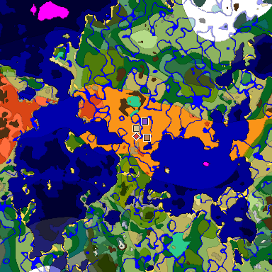 Predicted biome map of Java 1.19.2 seed -2885993652142595057 around estimated spawn