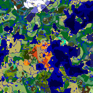 Predicted biome map of Java 1.19.2 seed -1334838898929117604 around estimated spawn
