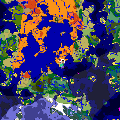 Predicted biome map of Java 1.19.2 seed 291442862722734364 around estimated spawn
