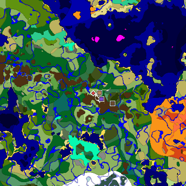 Predicted biome map of Java 1.19.2 seed -3135428034586432344 around estimated spawn