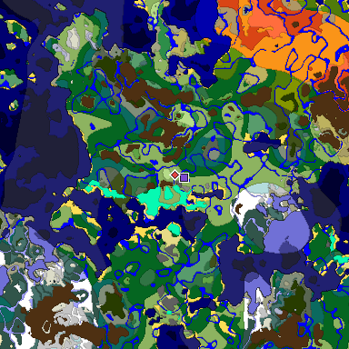 Predicted biome map of Java 1.19.2 seed 8631481803905953331 around estimated spawn