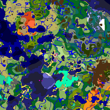 Predicted biome map of Java 1.19.2 seed -3193604854467474414 around estimated spawn