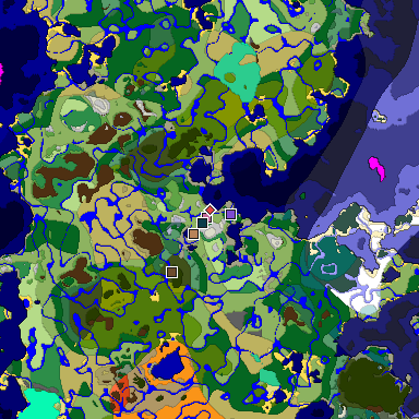 Predicted biome map of Java 1.19.2 seed 3659000985246063314 around estimated spawn