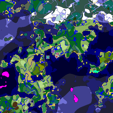 Predicted biome map of Java 1.19.2 seed -9133440281367405490 around estimated spawn