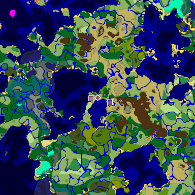 Predicted biome map of Java 1.19.2 seed 2710724701107549778 around estimated spawn