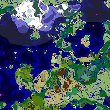 Predicted biome map of Java 1.19.2 seed -3235268713634620201 around estimated spawn