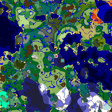 Predicted biome map of Java 1.19.2 seed 2741101913652976690 around estimated spawn