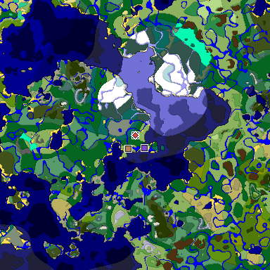 Predicted biome map of Java 1.19.2 seed 2870651040857333322 around estimated spawn