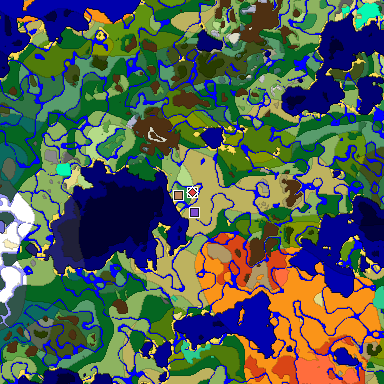 Predicted biome map of Java 1.19.2 seed -2302213225302608560 around estimated spawn