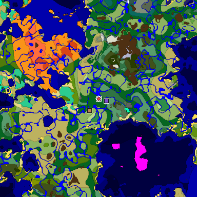 Predicted biome map of Java 1.19.2 seed -2107834456528755959 around estimated spawn