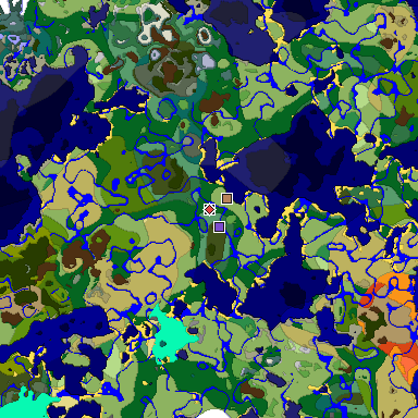 Predicted biome map of Java 1.19.2 seed 3509875894907872261 around estimated spawn