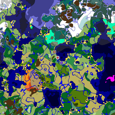 Predicted biome map of Java 1.19.2 seed -3243258681312313181 around estimated spawn