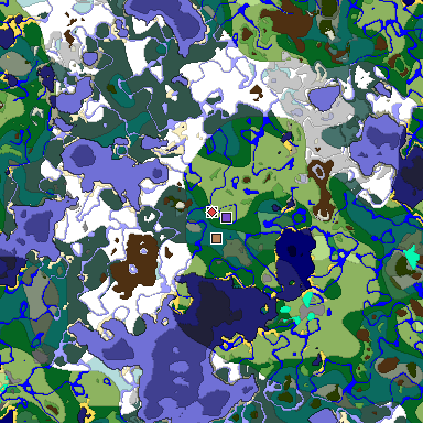 Predicted biome map of Java 1.19.2 seed 3138034402066729418 around estimated spawn