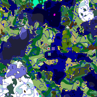 Predicted biome map of Java 1.19.2 seed 1690023082519120165 around estimated spawn