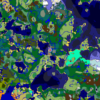 Predicted biome map of Java 1.19.2 seed 7200709952382494153 around estimated spawn