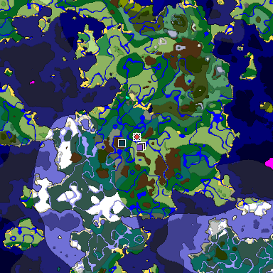 Predicted biome map of Java 1.19.2 seed 5083624717028938540 around estimated spawn