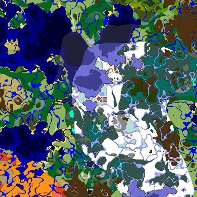 Predicted biome map of Java 1.19.2 seed 7480204919508358075 around estimated spawn