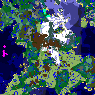 Predicted biome map of Java 1.19.2 seed 7821906037862176224 around estimated spawn