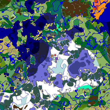 Predicted biome map of Java 1.19.2 seed 4889274670530292795 around estimated spawn