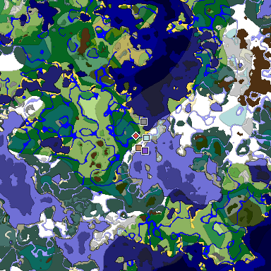 Predicted biome map of Java 1.19.2 seed 3182301421996401309 around estimated spawn