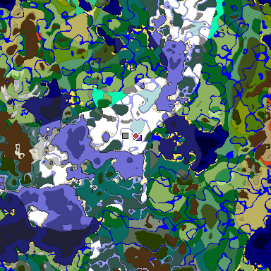 Predicted biome map of Java 1.19.2 seed -7285197534382917003 around estimated spawn