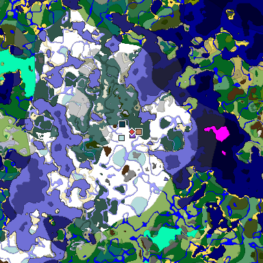Predicted biome map of Java 1.19.2 seed 7375574883823704522 around estimated spawn