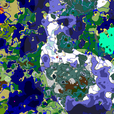 Predicted biome map of Java 1.19.2 seed 4563369027632475611 around estimated spawn