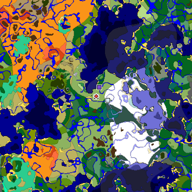 Predicted biome map of Java 1.19.2 seed 32586211101379954 around estimated spawn