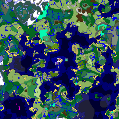 Predicted biome map of Java 1.19.2 seed -6766444245276138310 around estimated spawn