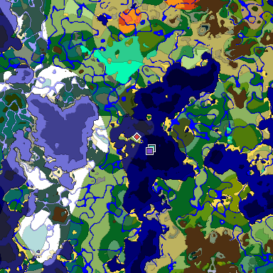 Predicted biome map of Java 1.19.2 seed 8420736847334450365 around estimated spawn