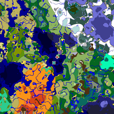 Predicted biome map of Java 1.19.2 seed -1605105920177011455 around estimated spawn